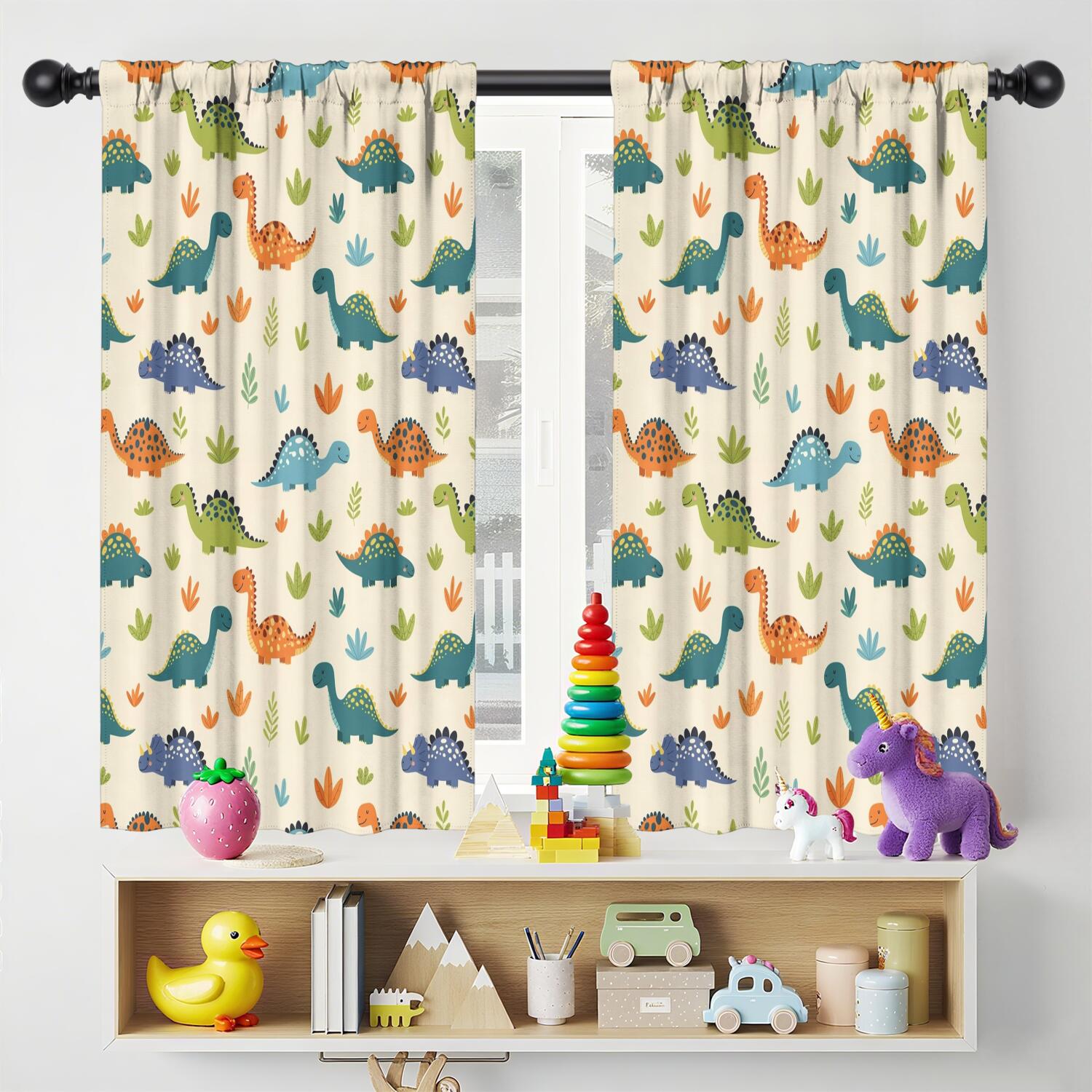 Blackout Kids Curtains,Beige Dinosaurs Plants Leaves Pattern Childrens Insulated Curtains Set Of 2,Bedroom Essentials,Toddler Room Decor 42"x54"