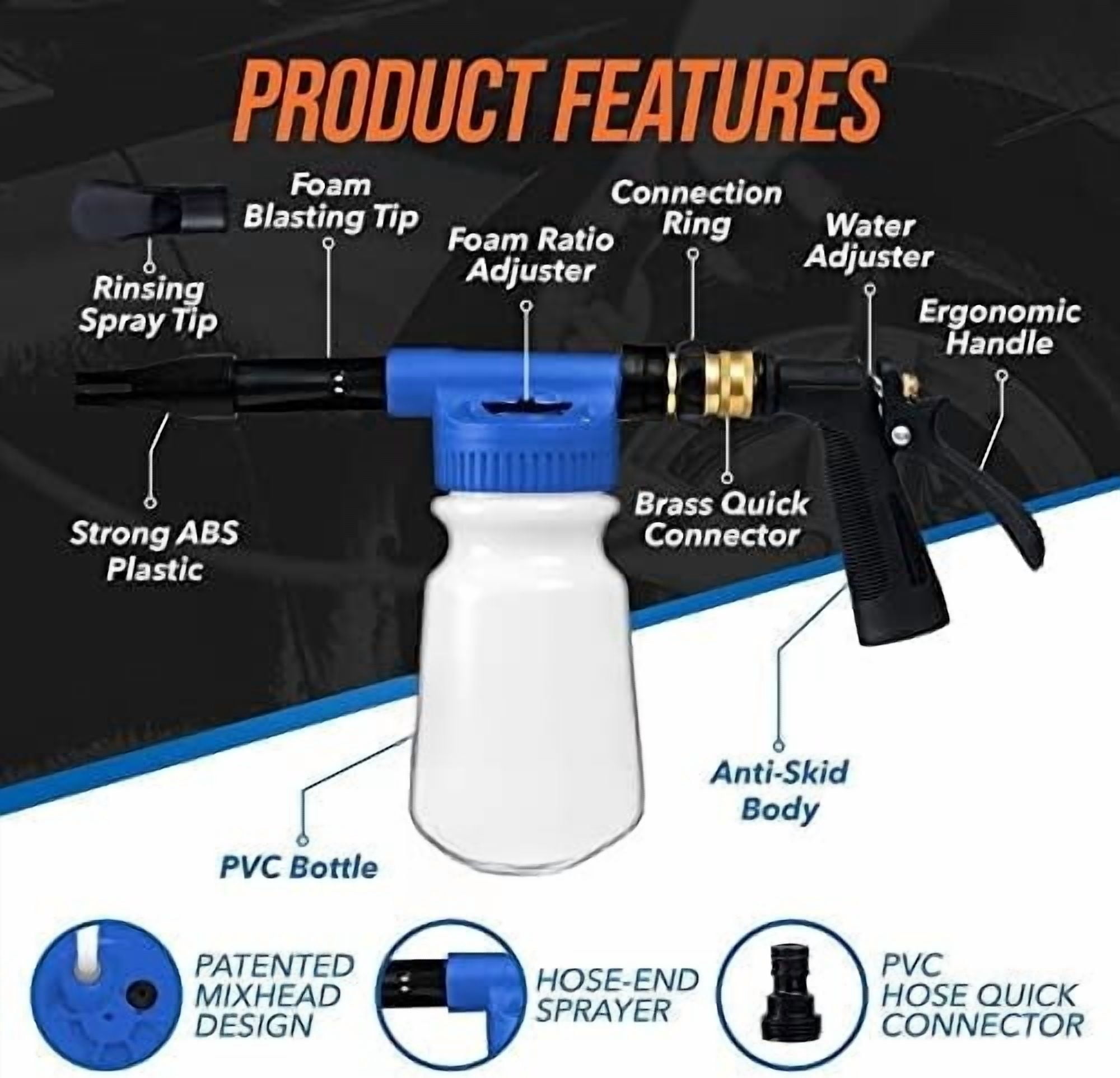Car Wash Foam Gun + Microfiber Wash Mitt - Foam Cannon Works with Any Soap - Garden Hose Car Foam Sprayer - Car Wash Kit - Car Accessories Foam Blaster (Blue Foam Gun with Mitt)