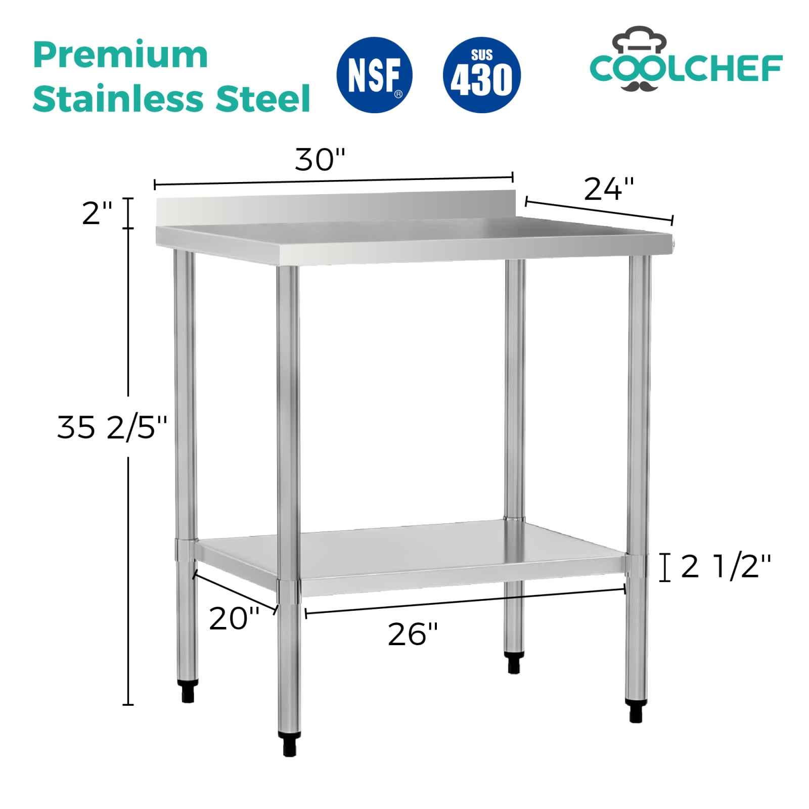 Miekor Furniture 24" x 30" 18-Gauge Stainless Steel Commercial Work Table with 4" Backsplash and Undershelf No.6461