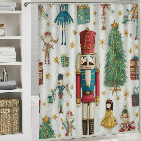 Christmas Shower Curtain, White Nutcracker Theme Christmas Curtain with Hooks for Home Bathroom Decor Washable Curtains, 72x72 in