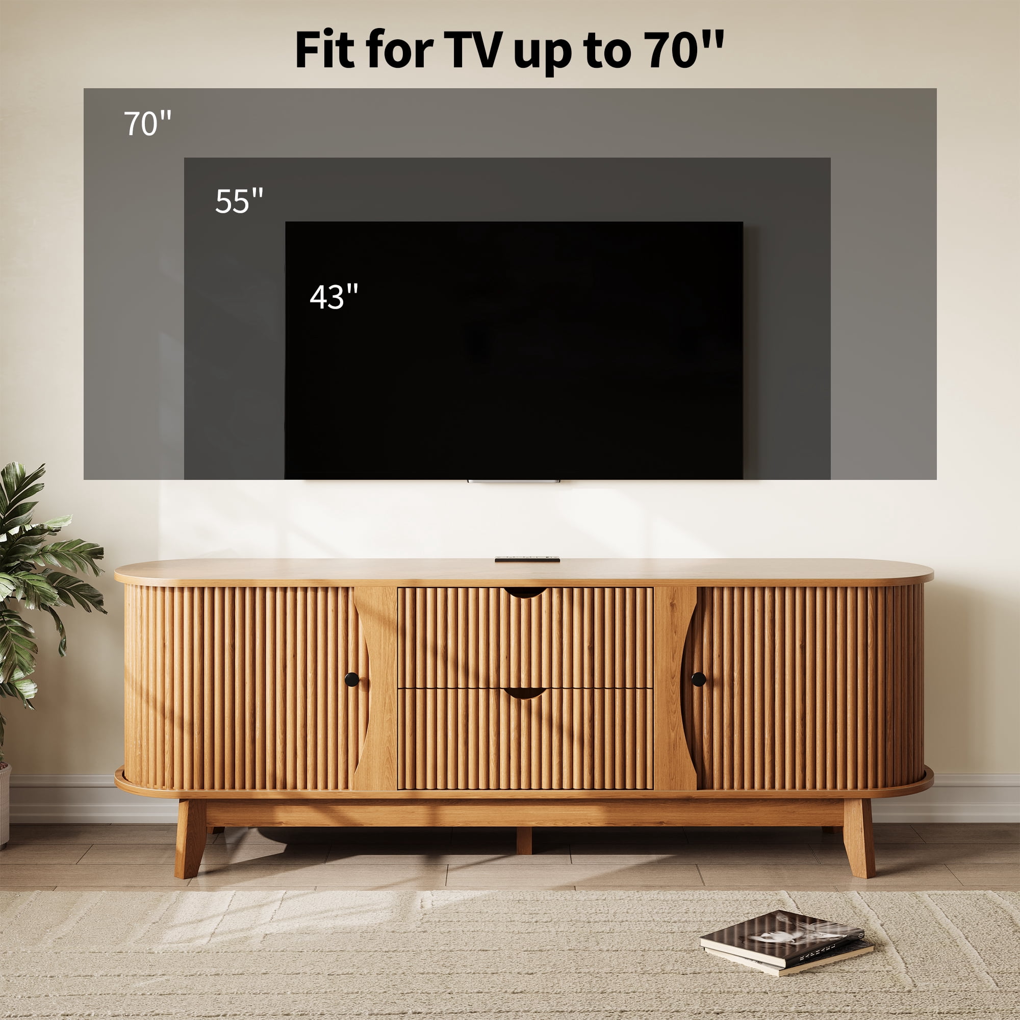 Garvee 63" Fluted TV Stand for TVs Up to 70 Inch, Modern Entertainment Center with Power Outlet, 2 Drawers, Side Cabinets with Adjustable Shelves, Curved Media Console Table for Living Room, Walnut