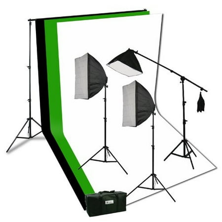 Photography Video Studio Portrait Softbox Continuous Photo Video Lighting Kit with Three Softbox,background stand, 10 x 10 Black White Green Muslin, and Carrying