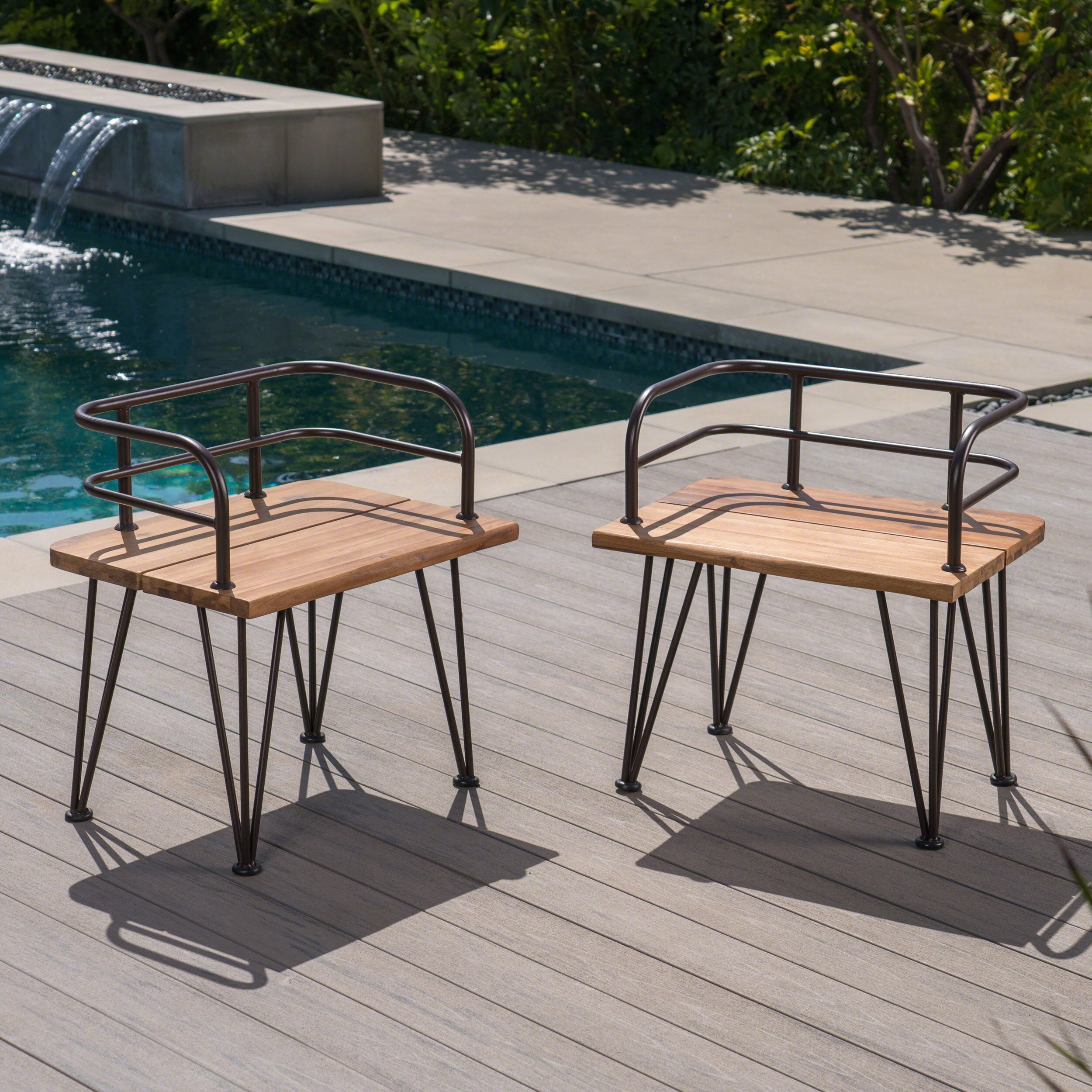 Euroco Set of 2 Rustic Industrial Outdoor Chairs with Acacia Wood Seat and Iron Frame, Teak Finish