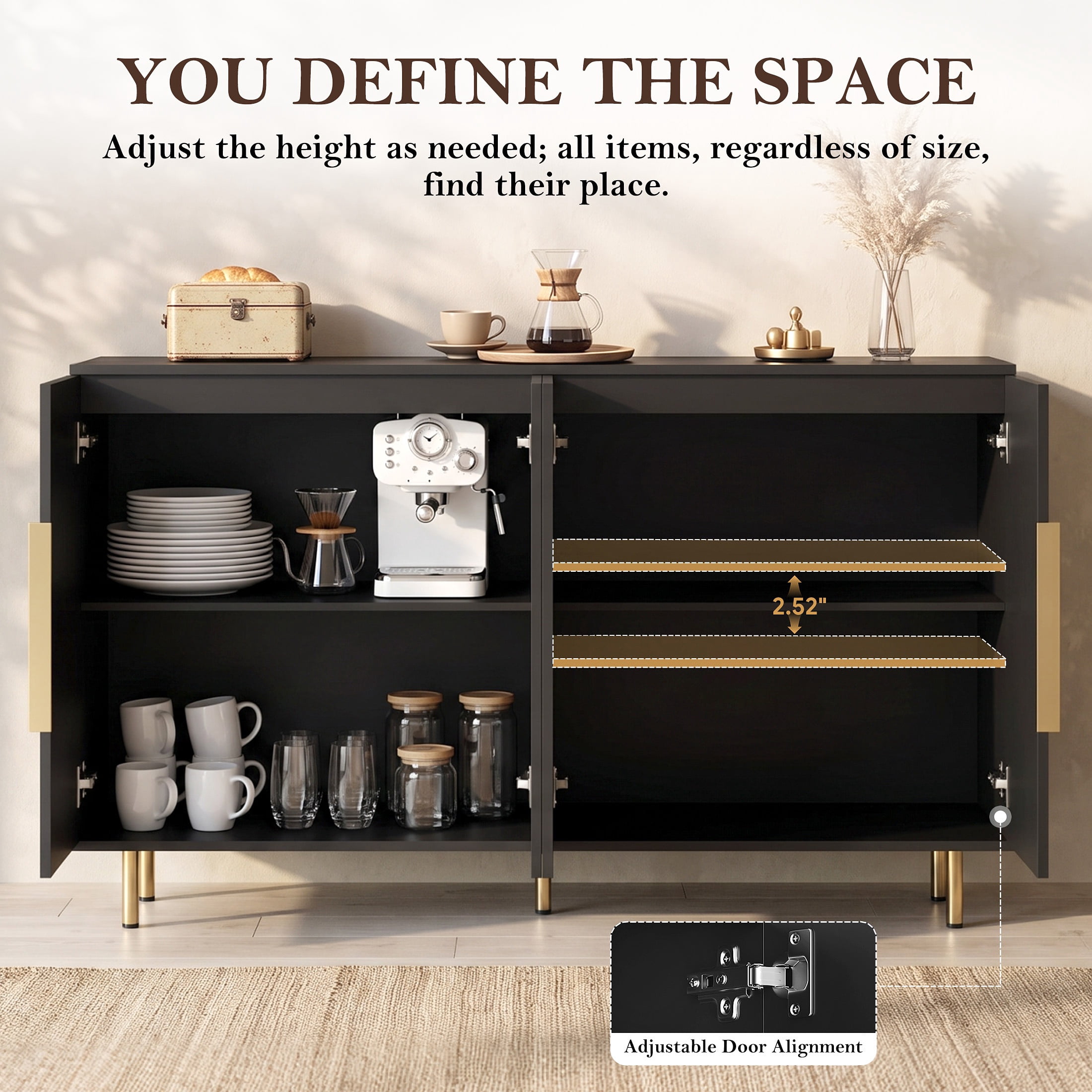 PORKISS Sideboard Buffet Cabinet with Storage, Fluted Credenza Cabinet with Gold Handles, Modern Console Table with Adjustable Shelves for Living Room, Dining Room, Black