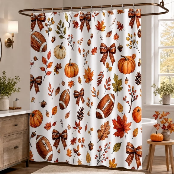 Fall Shower Curtain for Bathroom, 71X59Inch Autumn Football Maple Leaf Pumpkin Bathroom Curtain with Hooks, Waterproof Bathroom Curtain for Fall Bathroom Decor