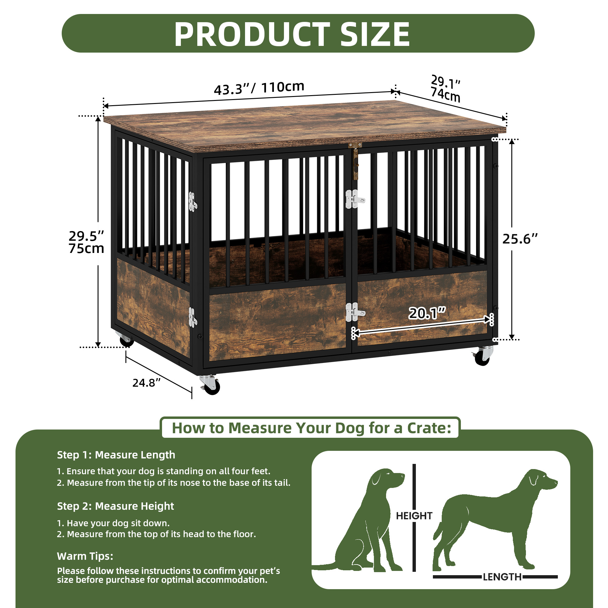 Uforic 43" Rustic Brown Dog Crate Furniture with Wheels, Double-Door Kennel for Small/Medium/Large Dogs, Escape-Proof Indoor Pet Cage, Wooden End Table