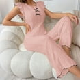 thumbnail image 6 of RongHuan Womens Pajama Set Eyelet Lace Ruffle Sleeve Top and Long Pants 2 Piece Cute Solid Color Sleepwear with Bowknot, 6 of 8