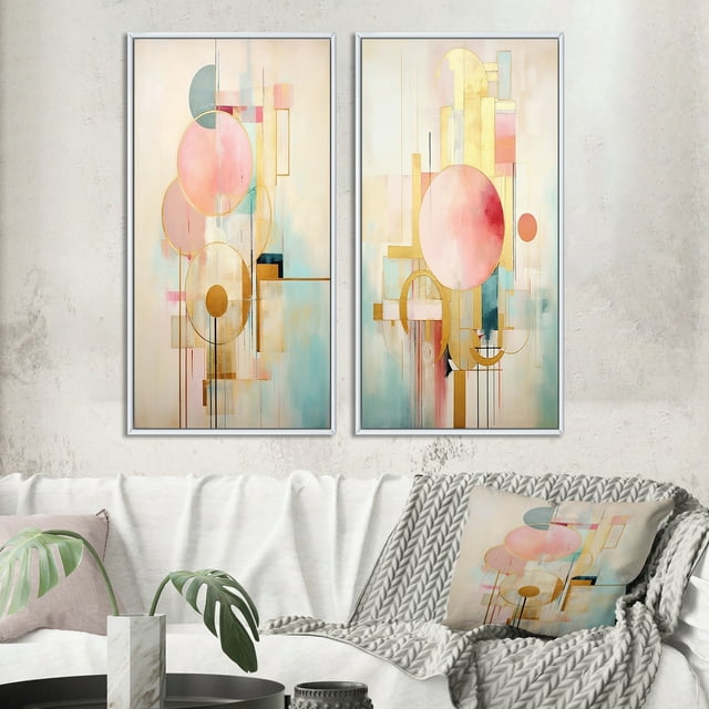 Designart "Pastel Gold Circles Vintage Elegance III" Modern Geometric Framed Wall Art Set Of 2 - Modern Gold Framed Wall Art Set Of 2