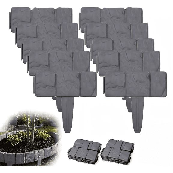 Imitation Stone Garden Fence - Plastic Retaining Edging Border with Cobbled Effect, Interlocking Decorative Panels for Flower Bed, Path, Lawn & Yard - Black