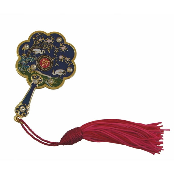 Feng Shui 8-sided Mirror Fan Amulet Keychain w/ Red Tassel for Good Health and Longevity