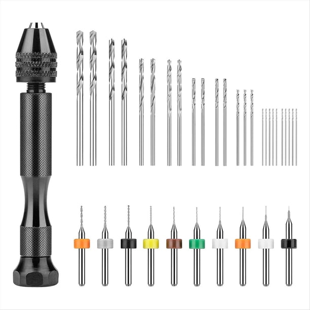 Juego de taladros manuales, tornillo de banco con pasadores, 10 brocas mini para PCB y 25 brocas microhelicoidales para resina polimérica.
