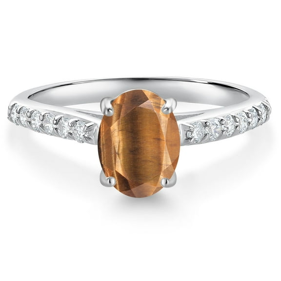 Gem Stone King 10K White Gold Brown Tiger Eye and White Lab Grown Diamond Engagement Ring for Women (1.43 Cttw, Oval 8X6MM, Gemstone Birthstone, Size 7)