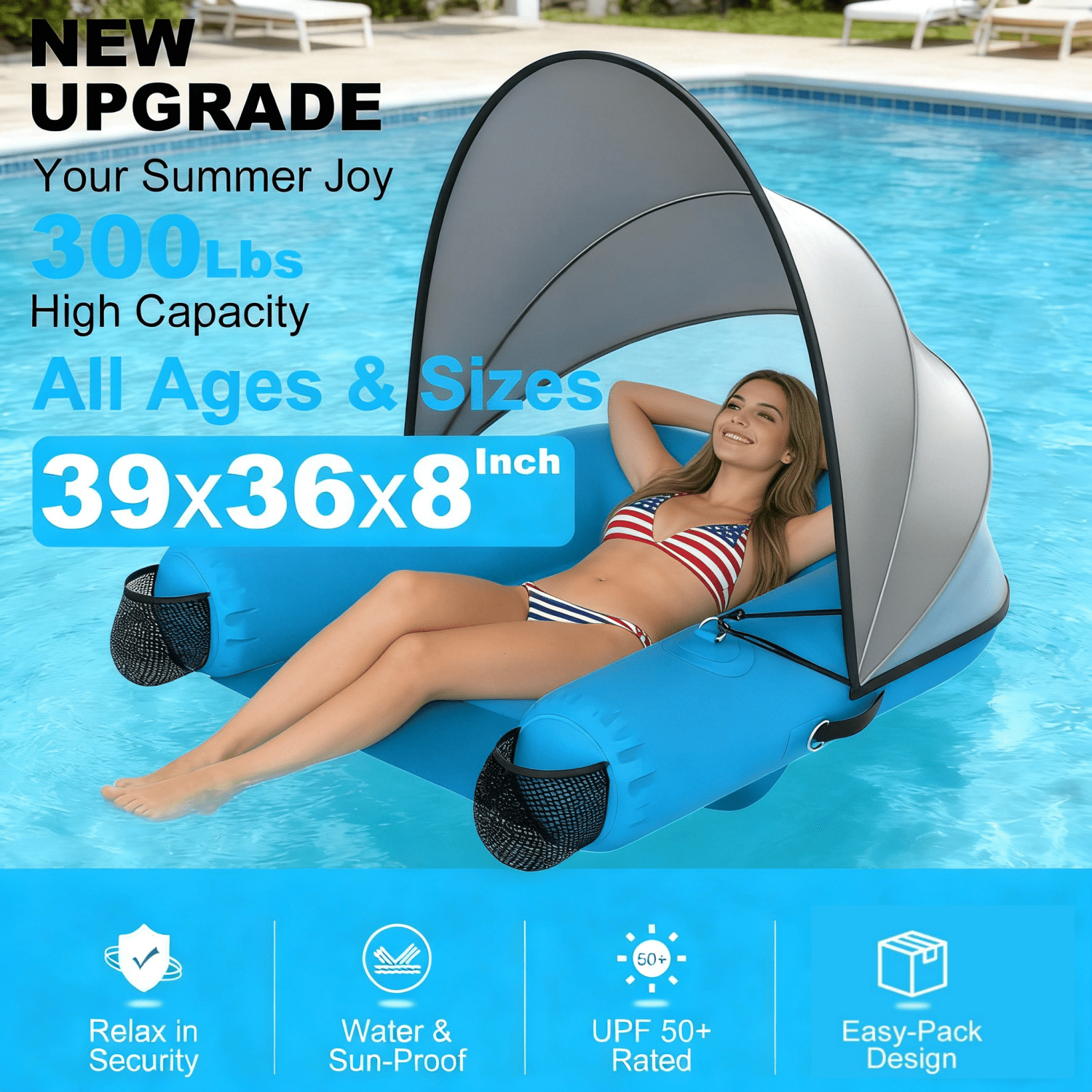 Pipopa Adult Inflatable Pool Floats&nbsp;with UPF50+ & Rain Canopy,2 Large Drink Holders,Inflatable Lounger Float for Swimming Pool,Beach,Party,Blue
