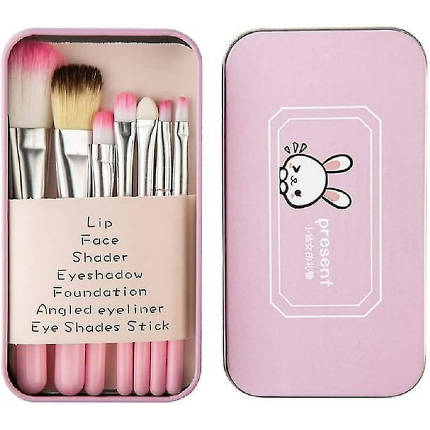 Set de 7 brochas de maquillaje, brocha para base, cejas, delineador de ojos, color rosa con estuche.