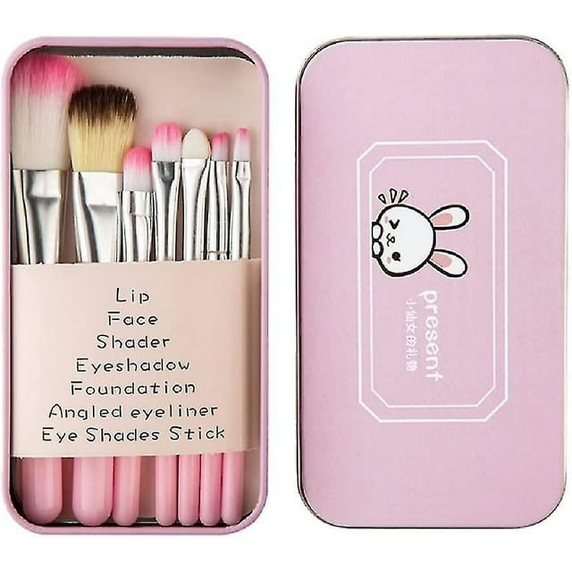 Set de 7 brochas de maquillaje, brocha para base, cejas, delineador de ojos, color rosa con estuche.