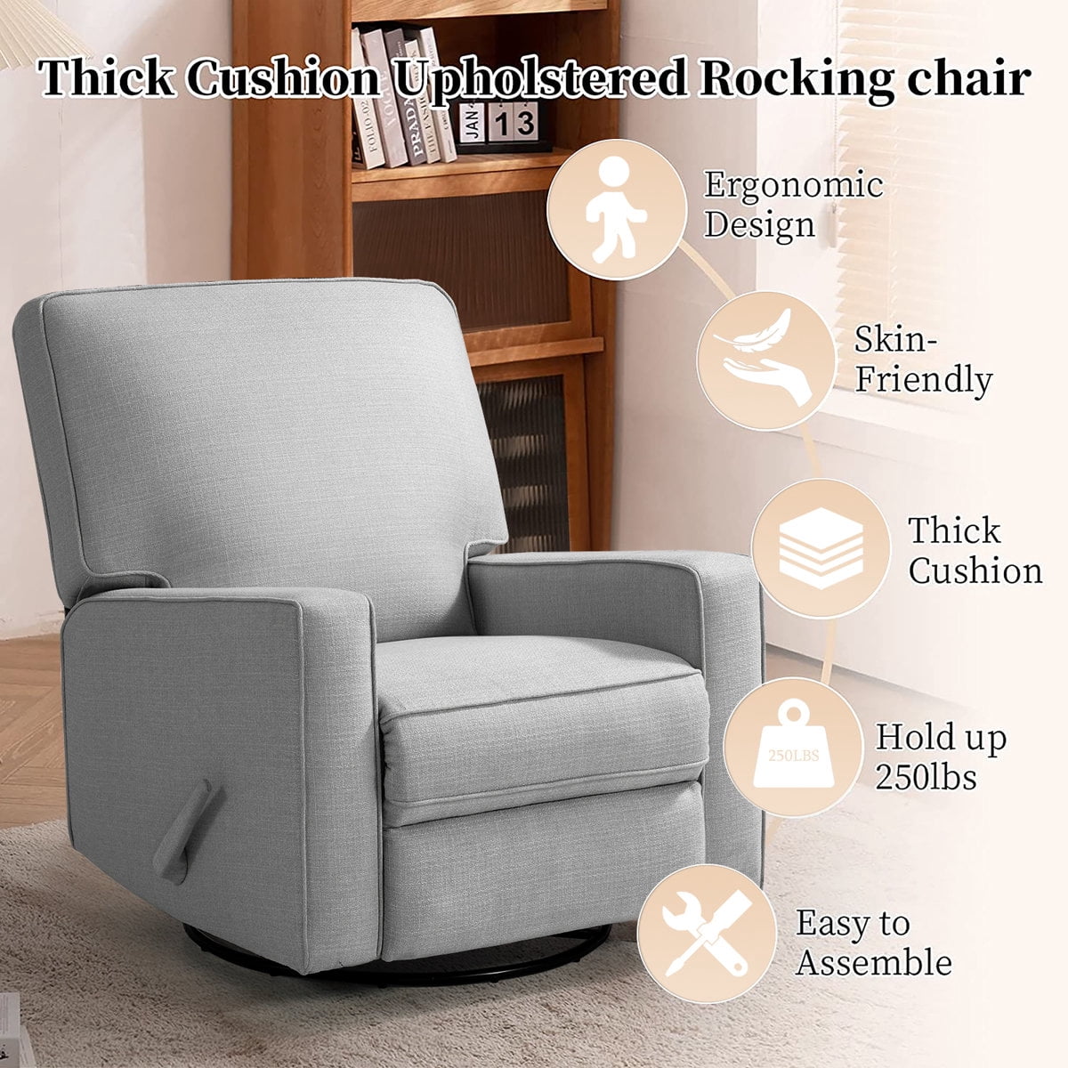 360° Swivel Rocker Recliner , Glider Rocker Recliner, Rocking Chairs for Nursery, Linen Fabric Chair with High Back, Deep Seat, for Living Room, Bedroom, Grey