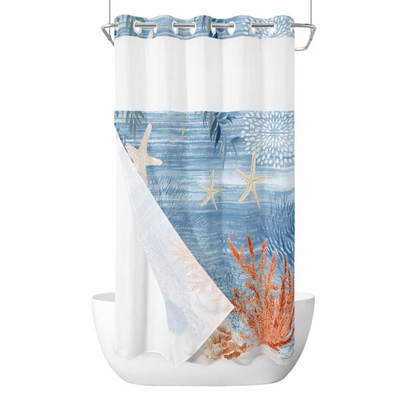 Orange Navy Blue Coral No Hook Shower Curtain with Snap in Liner, Waterproof Fabric Shower Curtains, Summer Beach Coastal Ocean Ombre Shower Curtain Set Top See Through for Bathroom 36"x78"