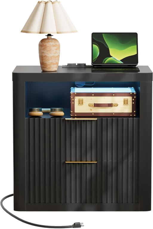 Lacoo End Table with Lights & Power Outlet, Fluted Nightstand with 2 Drawers for Bedroom, Sofa Side End Table for Living Room, Black