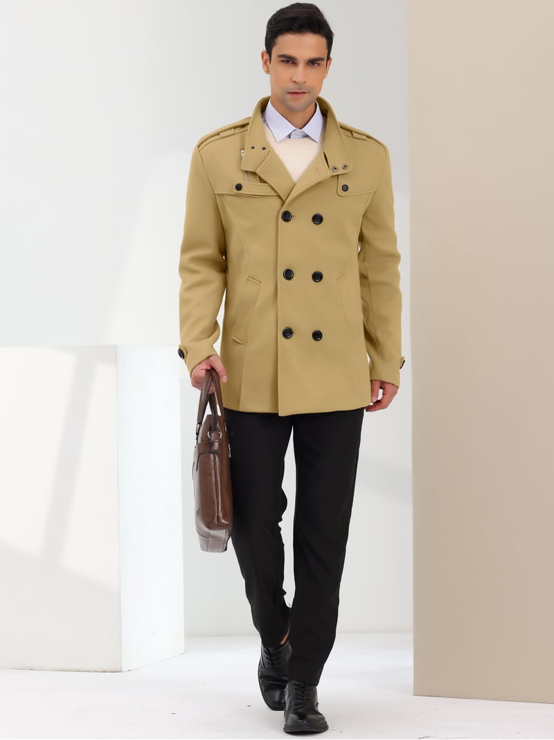 Unique Bargains Men's Winter Coat Stand Collar Double Breasted Pea