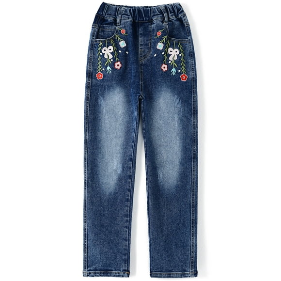 Kidscool Space Girls Floral Embroidered Ripped Washed Elastic Waist Jeans,Flower and Bowknot,5-6 Years