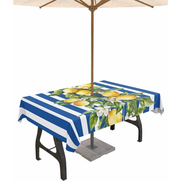 Outdoor Tablecloth with Umbrella Hole and Zipper 60 x 120 Inch Summer Lemon Flowers Leaves Blue White Stripes Table Cover for Rectangular Tables Tabletop Collection for Patio Garden Picnic Camping