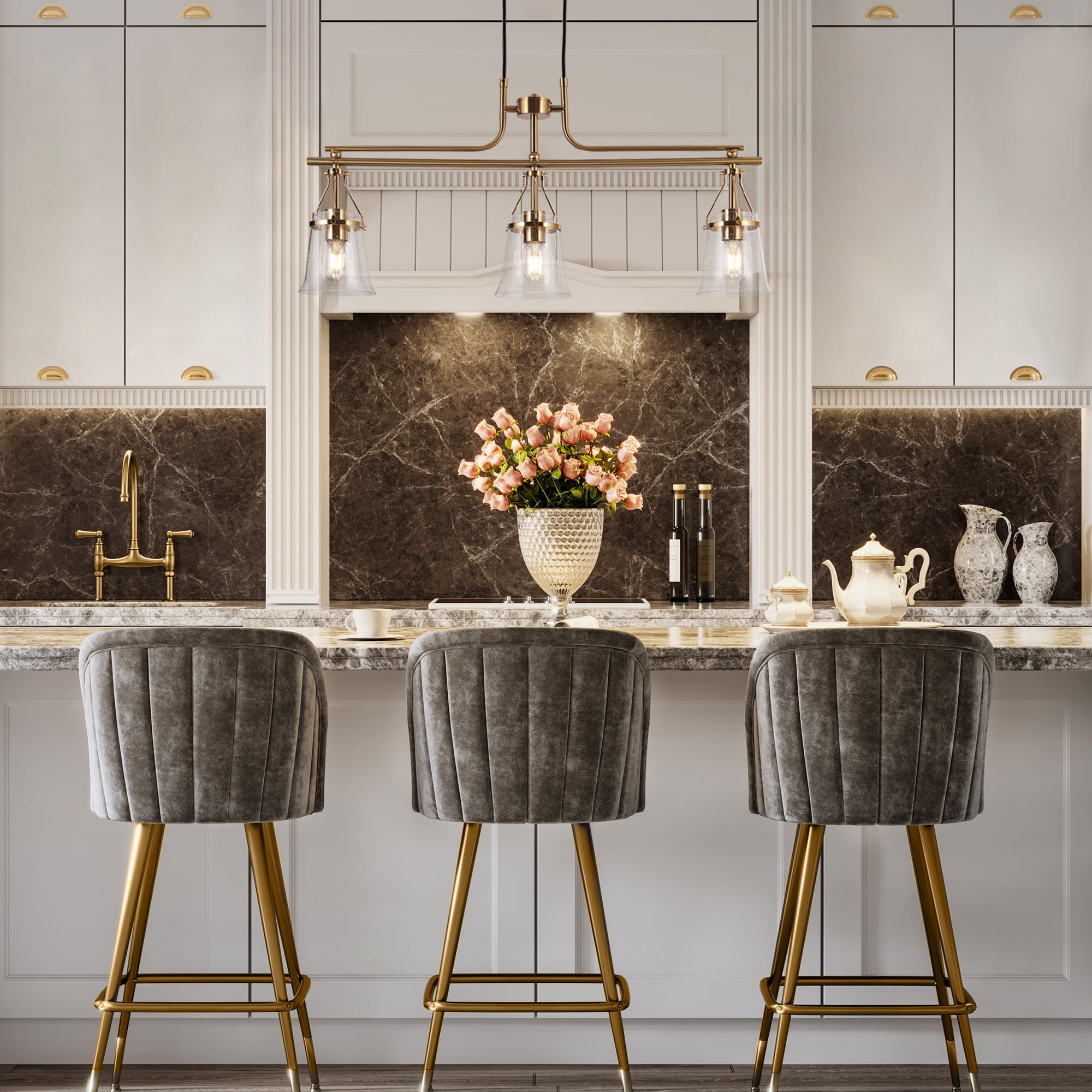 LNC Auisre 3-Light Island Light, Matte Black & Polished Gold Modern Seeded Glass