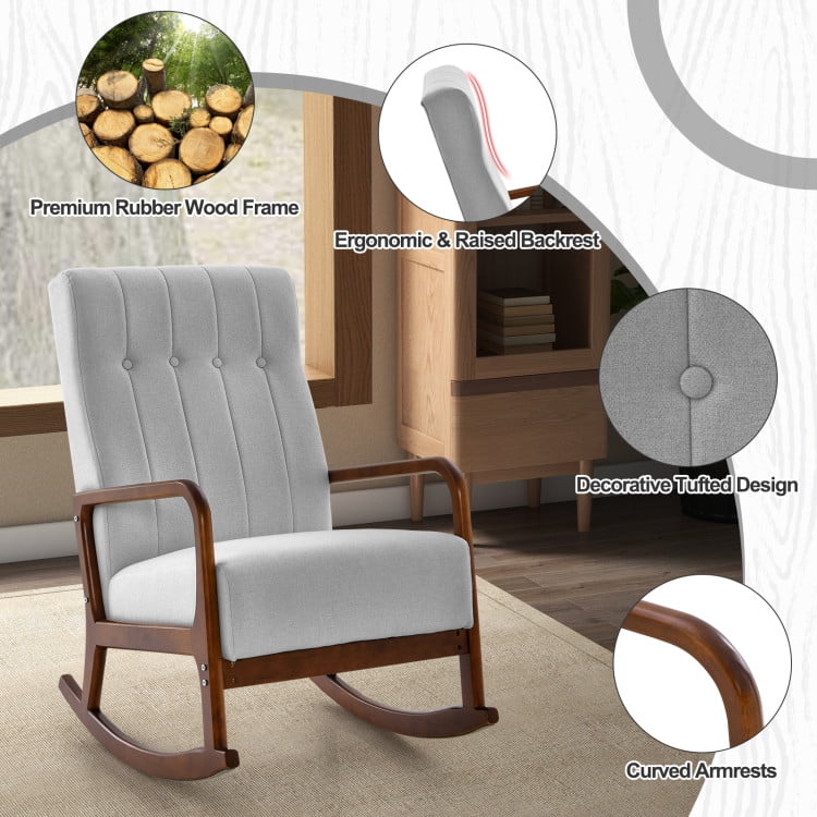 Finihen Rocking Chair, Modern Upholstered Accent Chair, Rocking Chair with Ottoman and Solid Rubber Wood Frame and Padded Cushion, for Living Room, Bedroom, Gray Finihen Rocking Chair, Modern Upholstered Accent Chair, Rocking Chair with Ottoman and Solid Rubber Wood Frame and Padded Cushion, for Living Room, Bedroom, Gray