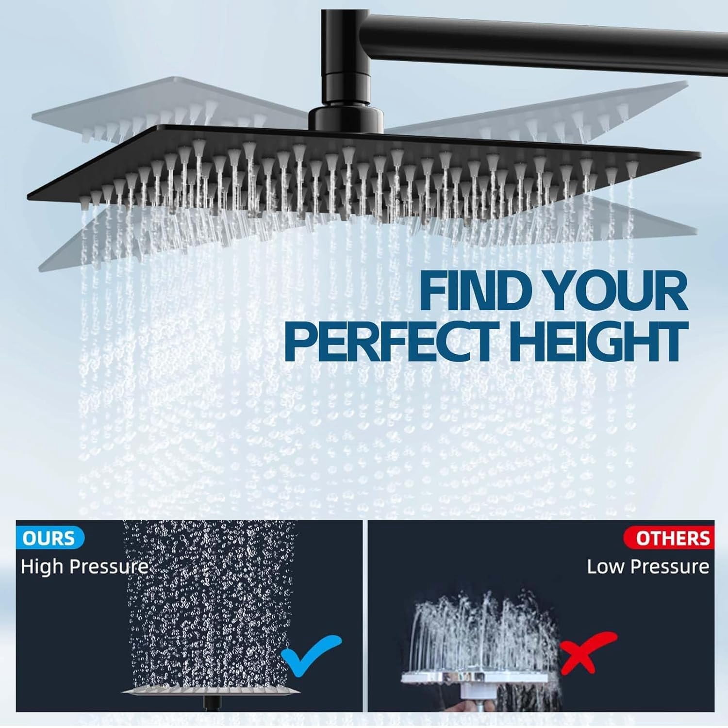 Shower Head 10 Inch High Rain With Handheld Spray Combo  Adjustable Dual Rainfall - Showerhead Comb Set Extension Arm 60 Long Hose(black)