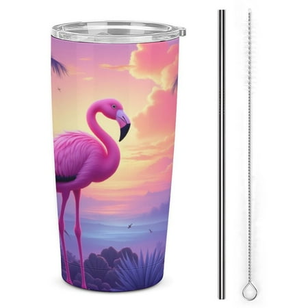 

Pink Flamingo Sunset Tumbler Print 20oz Stainless Steel Coffee Cup with Lid & Straw Double Wall Insulated Tumbler