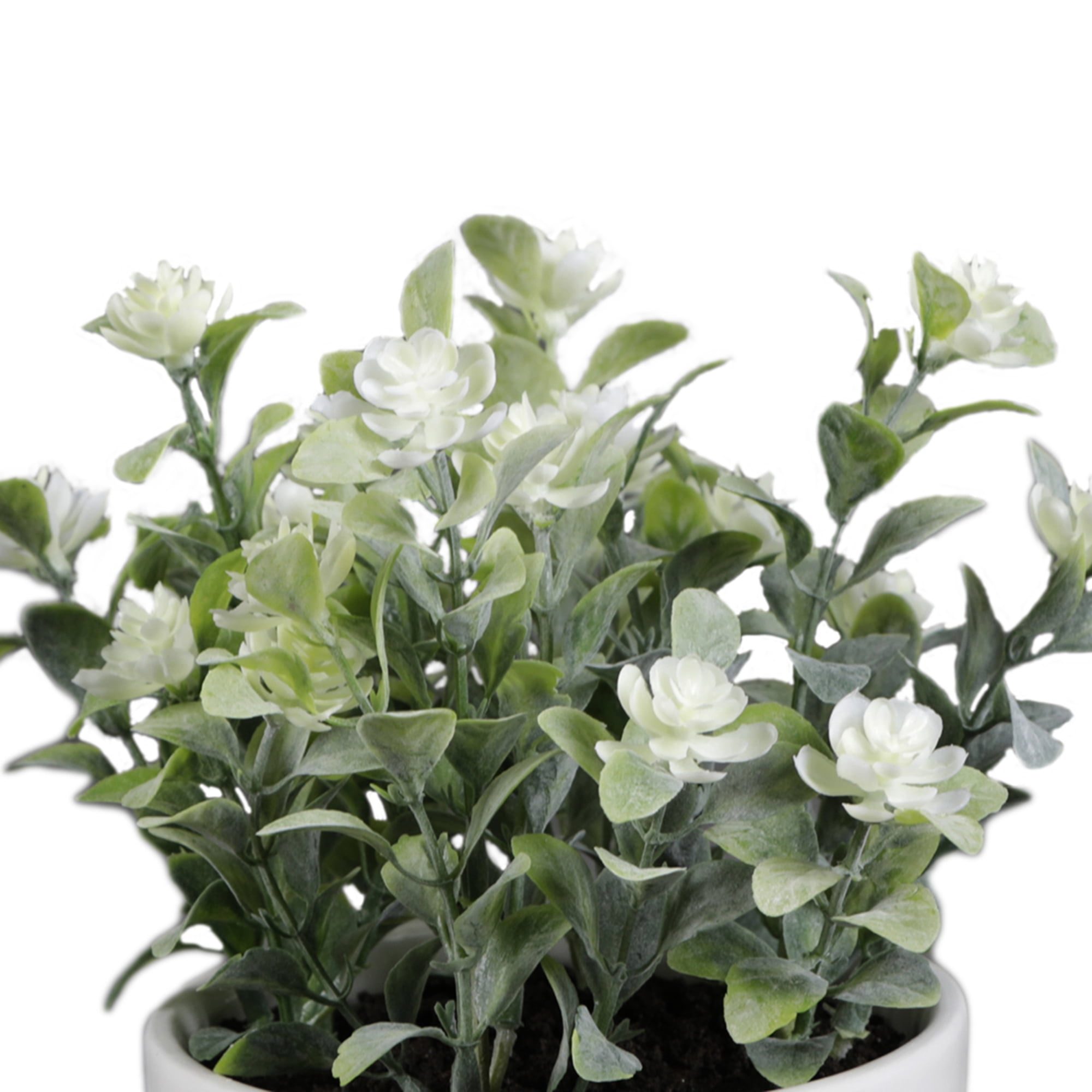 Mainstays 7.5” Artificial Eucalyptus and Flower in White Ceramic Pot Made for Tabletops – 1.1 lbs