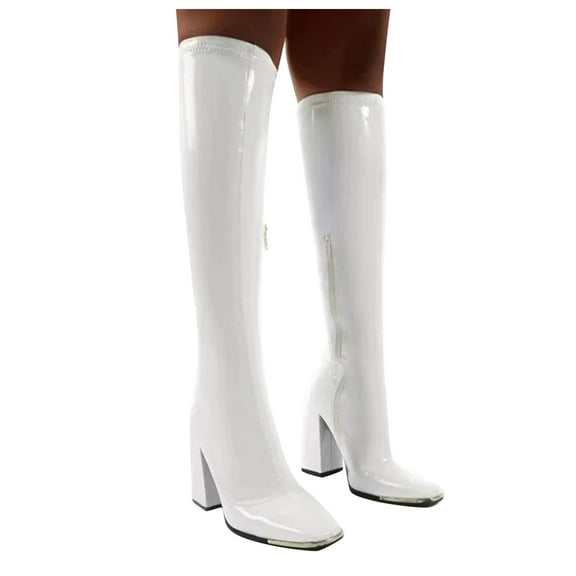 Cathalem All Womens Boots Wide Calf Color Retro Women Comfortable Solid Zipper High Booties Wide Calf Boots for Women with Heel White 8