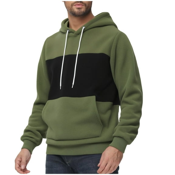Mens Hooded Sweatshirt Color Blocked Long Sleeved Hooded Fleece Pullover Hoodie Top