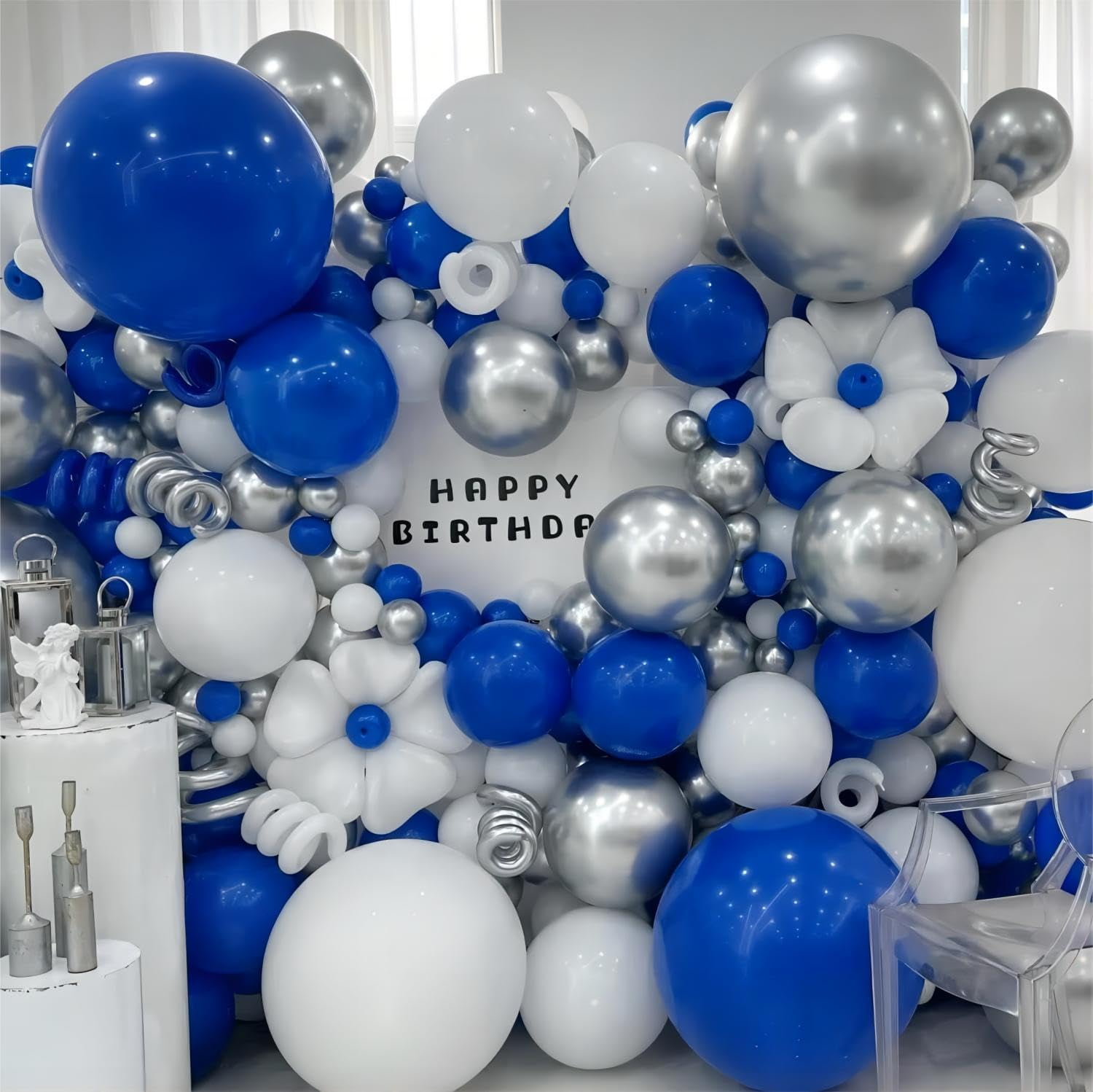 136pcs Balloon Garland Kit, Royal Blue Silver White Confetti