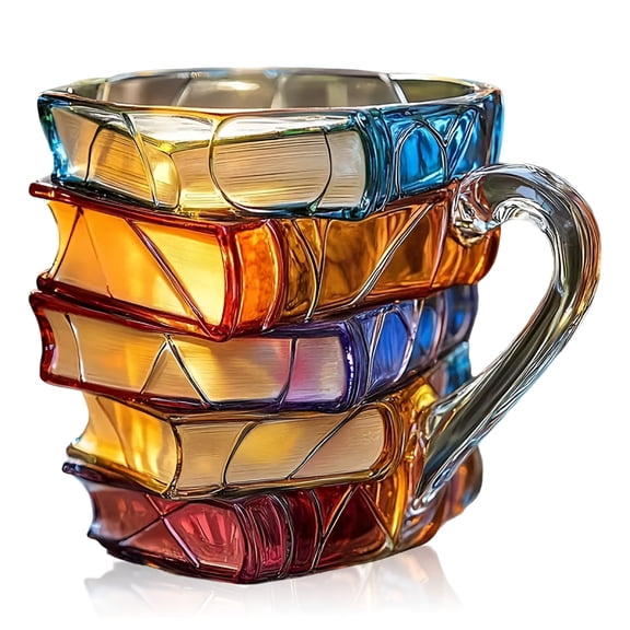 ACDANC Painted Book Mug,Handmade Colored Glass Book Coffee Mug,Novelty Unique Colorful Acrylic Books Stack Shaped Coffee Cup Gifts for Book Lovers Readers Librarians Writers Book Cup