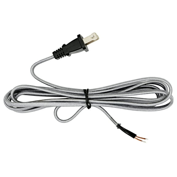 Silver Rayon Cloth Covered Electric Lamp Cord with End Plug, Stripped Ends Ready for Wiring -8 Foot, SPT-2 UL Listed