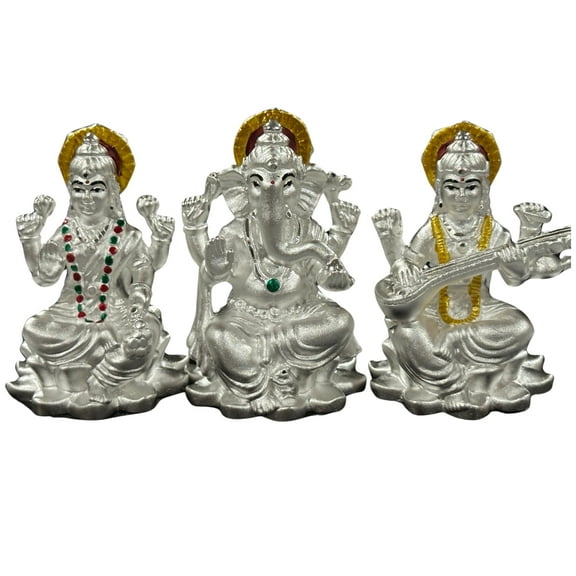 999 Pure Silver Ganesh Lakshmi & Saraswati Idol / Statue / Murti (Figurine #40)