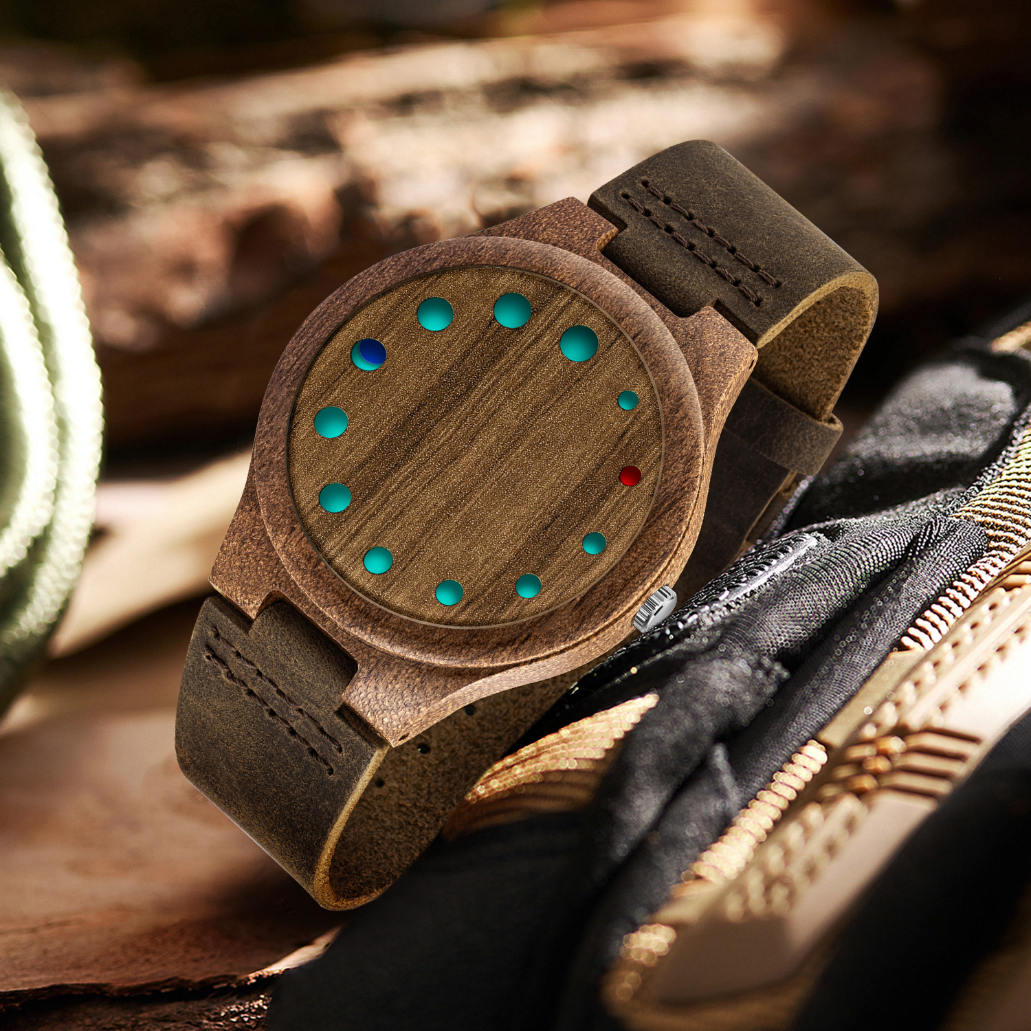 Wooden Watches for Men, Stylish Exotic Wrist Watch with Creative Dial Adjustable Stainless Steel Buckle, Leather Straps, Casual Watches for Man