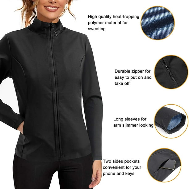 KSCD Hot Neoprene Sauna Suits for Women Sweat Waist Trainer Vest for Women  Workout Body Shaper Zipper Shirts Jacket Tops Black With Long Sleeve Large  