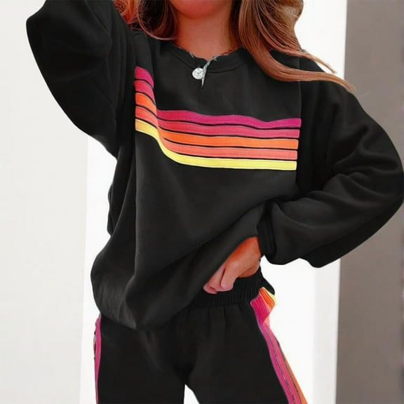 MORTTIC Women's Striped Long Sleeve Crewneck Sweatshirt & Pants Set - Stretchy Elastic Waistband, Fall Winter Home & Sportswear Outfit
