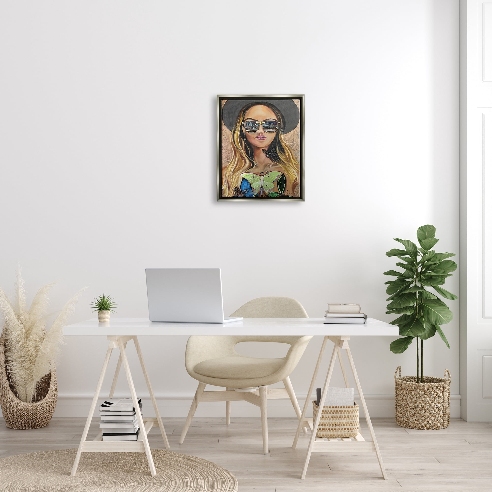 Stupell Industries Trendy Woman Luna Moth City Reflection Sunglasses Painting Luster Gray Floating Framed Canvas Print Wall Art, Design by Stacy Gresell