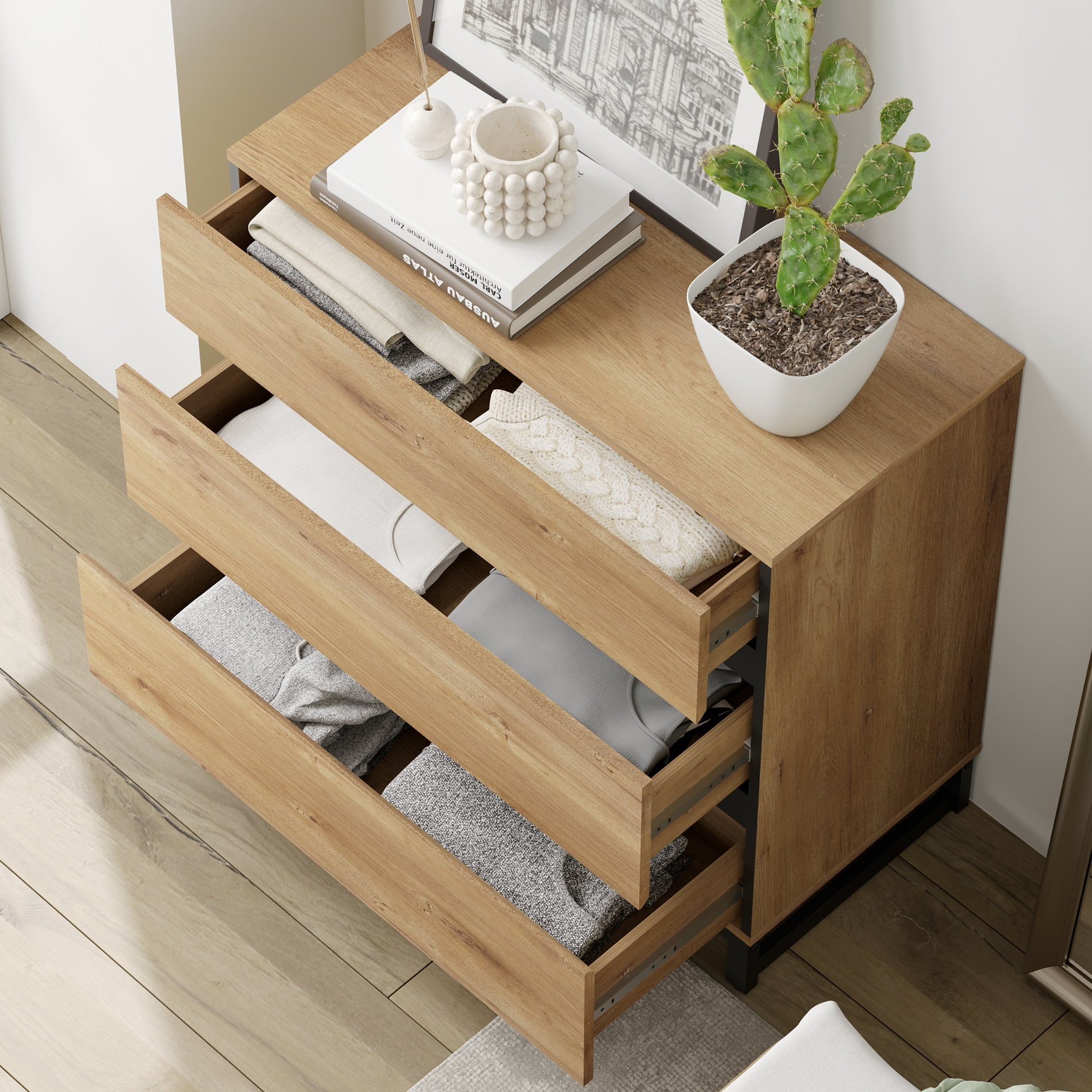 WAMPAT Dresser for Bedroom, Closet Organizers and Storage with 3 Drawers, Chest of Drawers with Metal Base, Modern Wood Dresser for Living Room, Bedroom,Oak