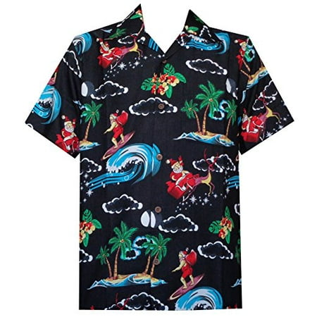 Hawaiian Shirt 41 Mens Christmas Santa Claus Party Aloha Holiday Black (Best Holiday Clothes Shops)