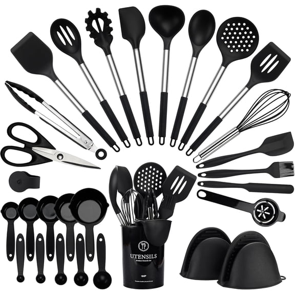 28 Pcs Silicone Cooking Utensils Set with Stainless Steel Handle, 446℉ Heat-Resistant Kitchen Utensils Set with Holder, Dishwasher Washable Silicone Spatula for Non-stick Cookware (Light Green)