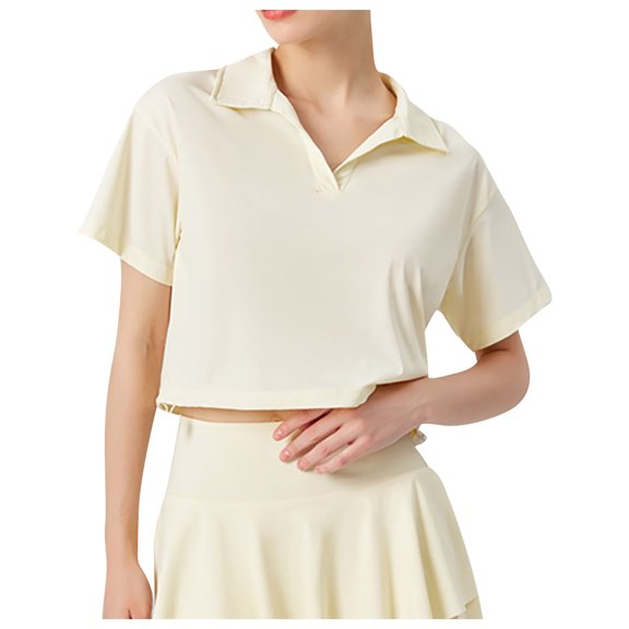 Besolor Workout Crop Tops for Women Lapel Short Sleeve Summer Shirts Adjustable Casual Loose Quick Dry Yoga Sports Tees