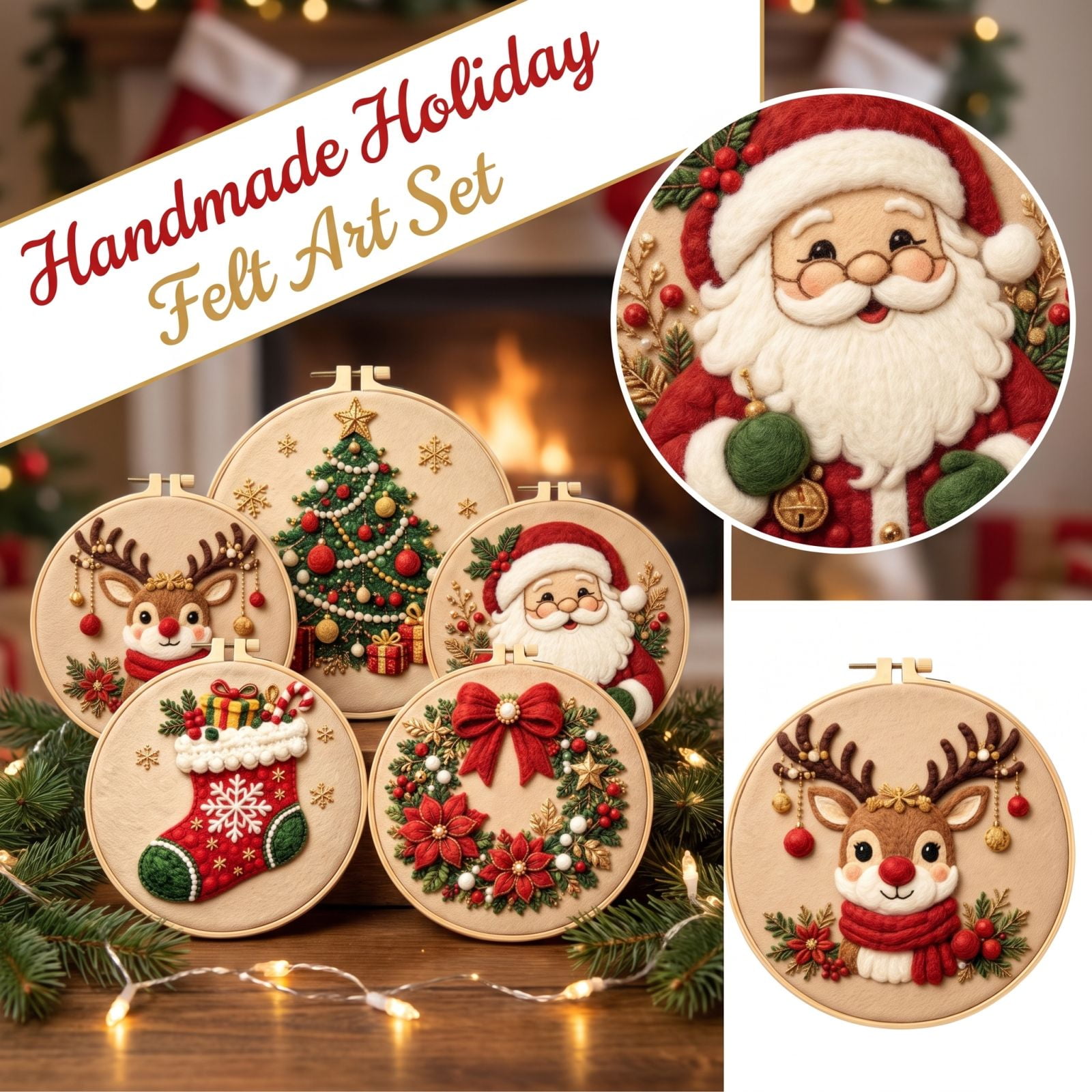 MInHoues Christmas 3D Felt DIY Art Decor Kit Christmas-Themed Patterns Felt Art Craft Set Holiday Hand‑Making Supplies for Wall Hanging Ornament Xmas Tree