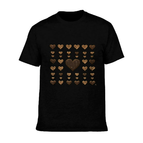 Men's Cotton Short Sleeve T-Shirt - Black Tee with Brown Heart Pattern Stylish Design Comfortable Crew Neck Top