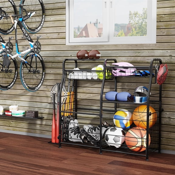 Garage Sports Equipment Organizer with Wheels - Ball Storage Rack with Elastic Rope or Wire Mesh,Garage Organizer System,Indoor/Outdoor Sports Rack for Sports Gear and Toys Storage,
