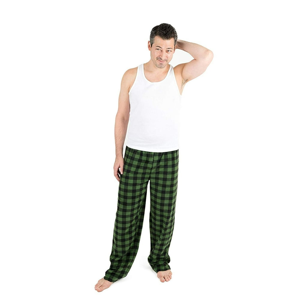 Leveret - Leveret Mens Pajama Pants Fleece Lounge Sleep Pj Bottoms Black & Green Plaid (Size