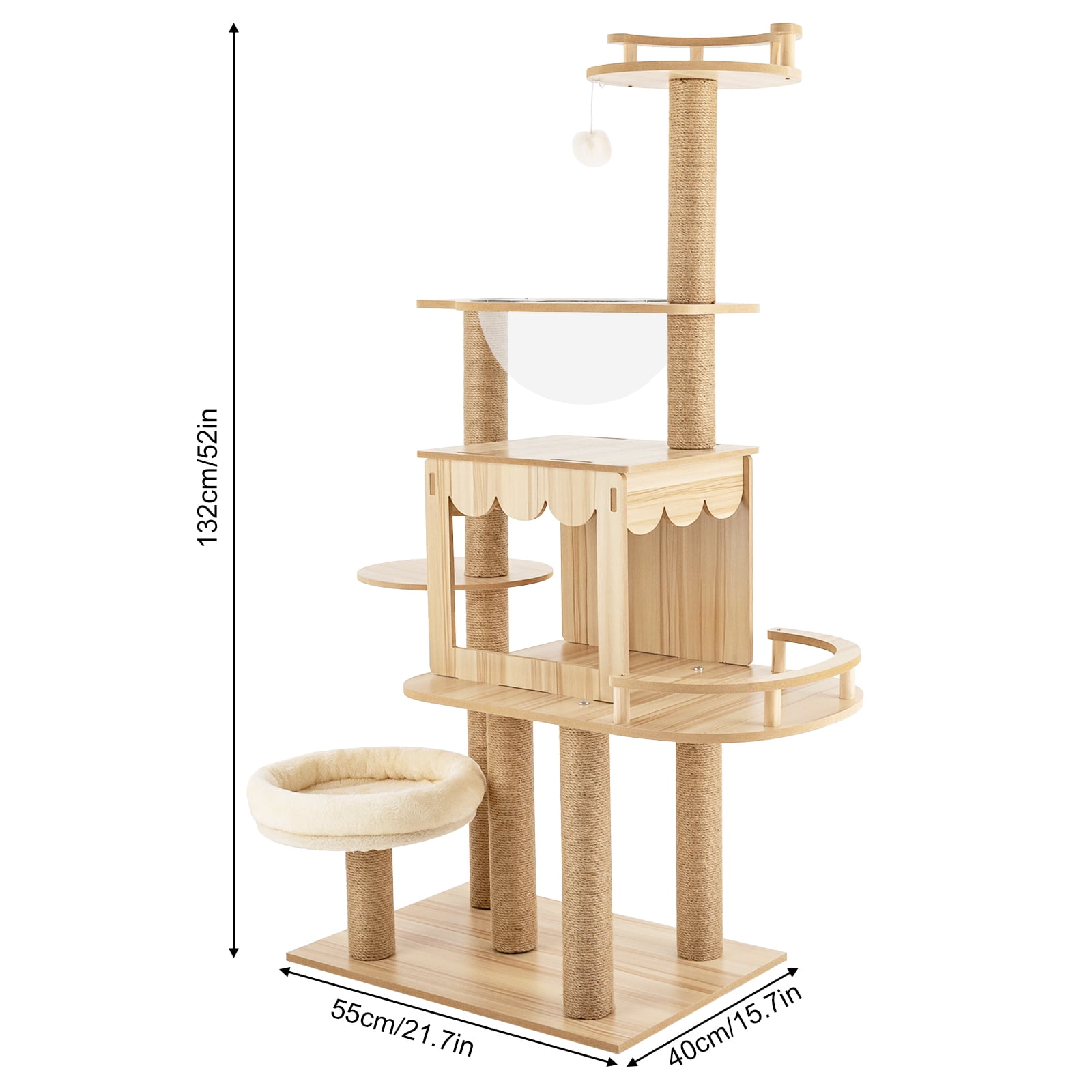Wildnix Cat Tree with Fence Design, Comfortable Cushion for Cats, Safe Viewing Platform, Modern MDF Construction with Hemp Rope and Acrylic