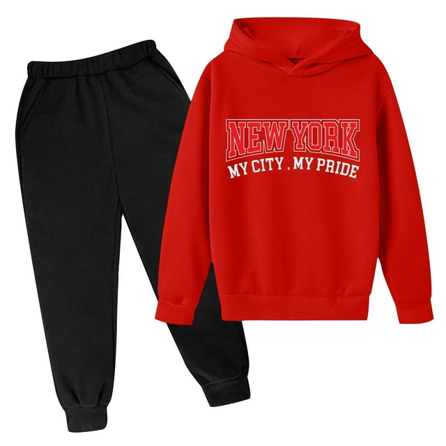 WEIYLL Ensembles pour Garçons Chandail d'Hiver à Capuche Imprimé Lettre Manches Longues Costumes Rouges 9-10 Ans